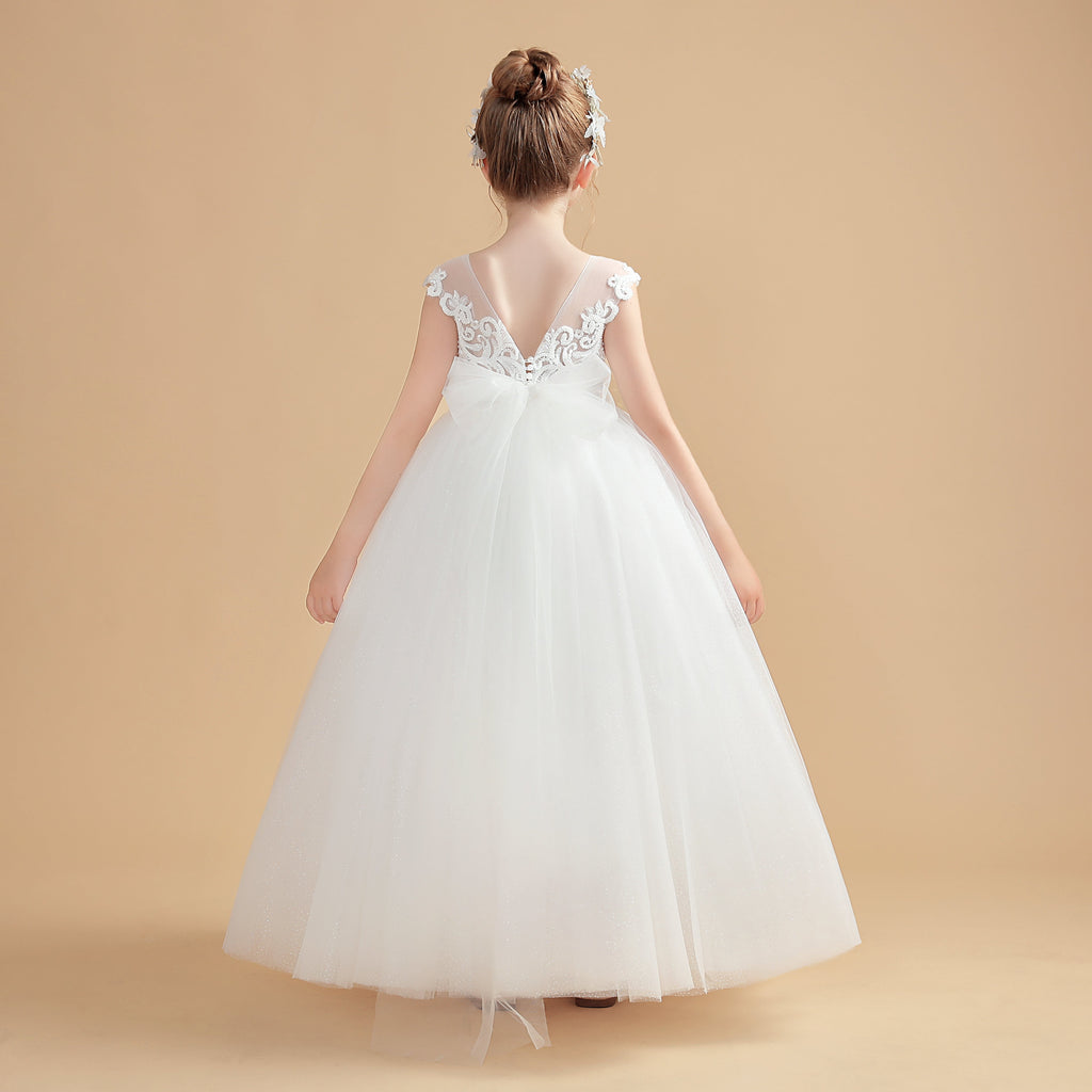 Ivory Tulle Cap Sleeves Flower Girl Dresses With Bow-Knot