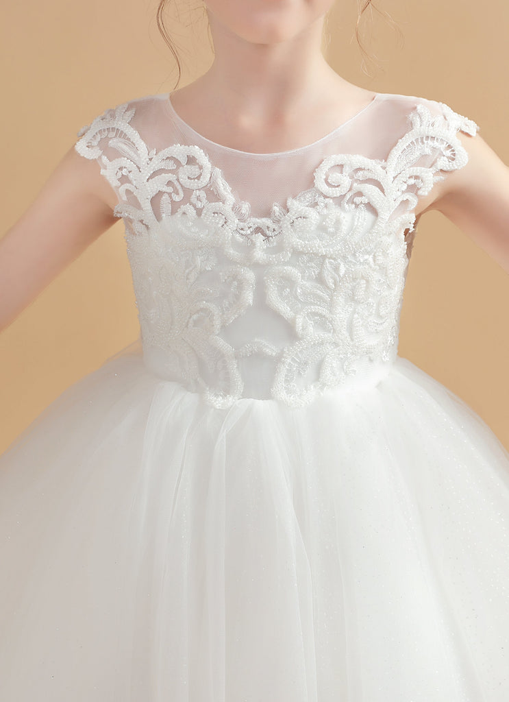 Ivory Tulle Cap Sleeves Flower Girl Dresses With Bow-Knot