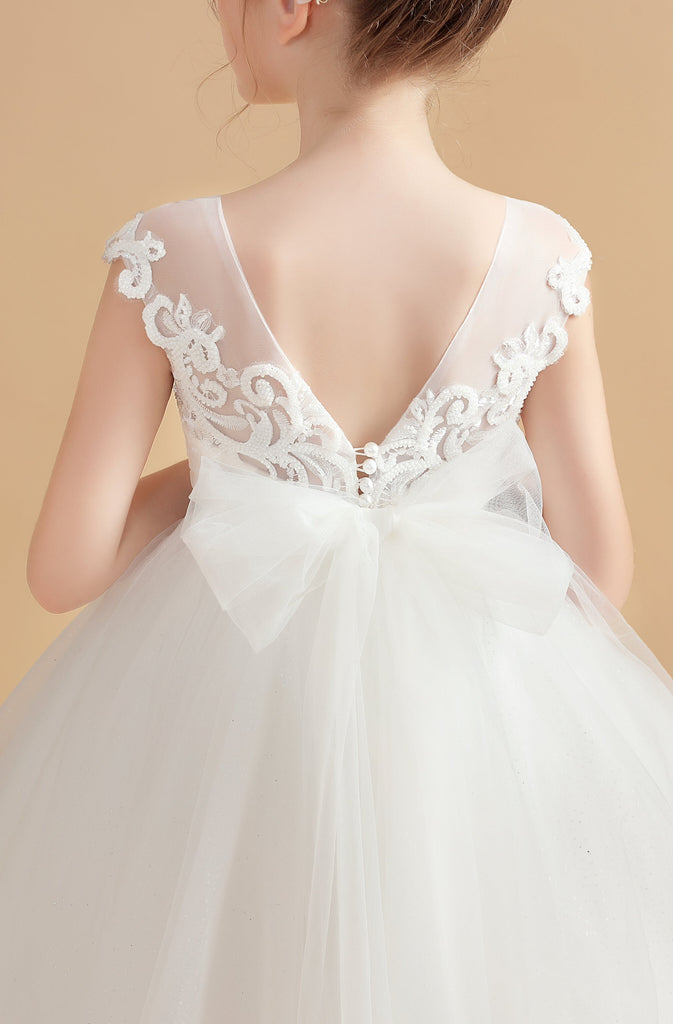 Ivory Tulle Cap Sleeves Flower Girl Dresses With Bow-Knot