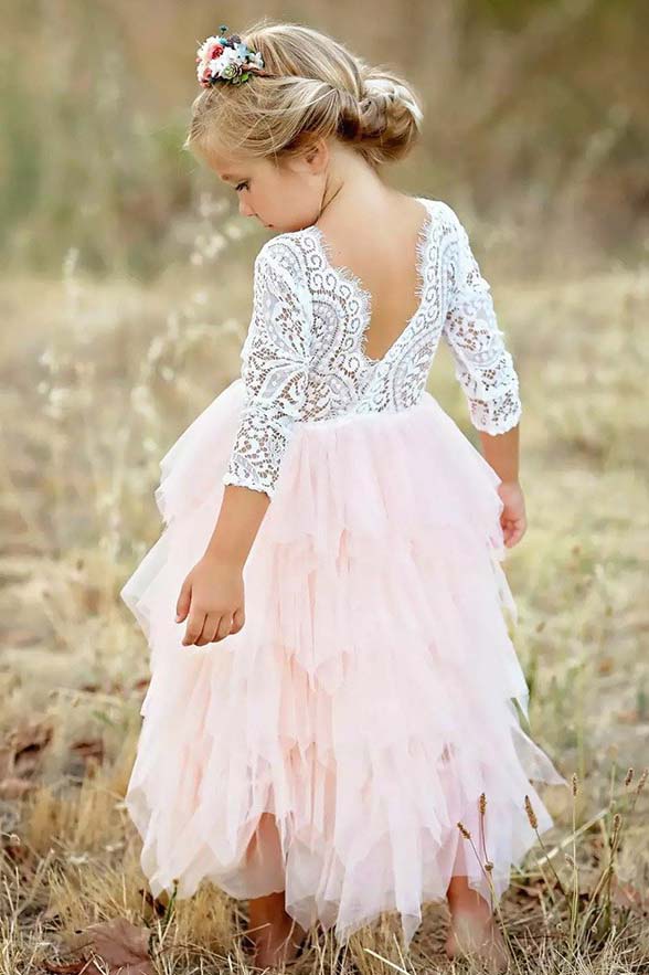 Lace 3/4 Sleeves Scoop Pink Tea-Length Flower Girl Dress with Ruffles