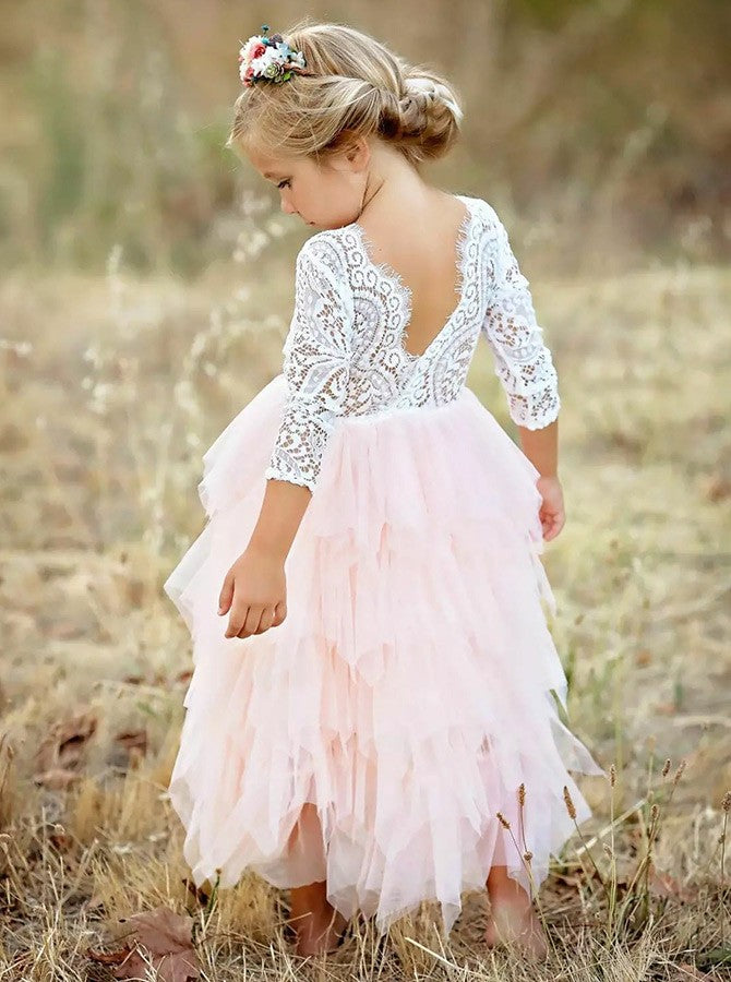 Lace 3/4 Sleeves Scoop Pink Tea-Length Flower Girl Dress with Ruffles
