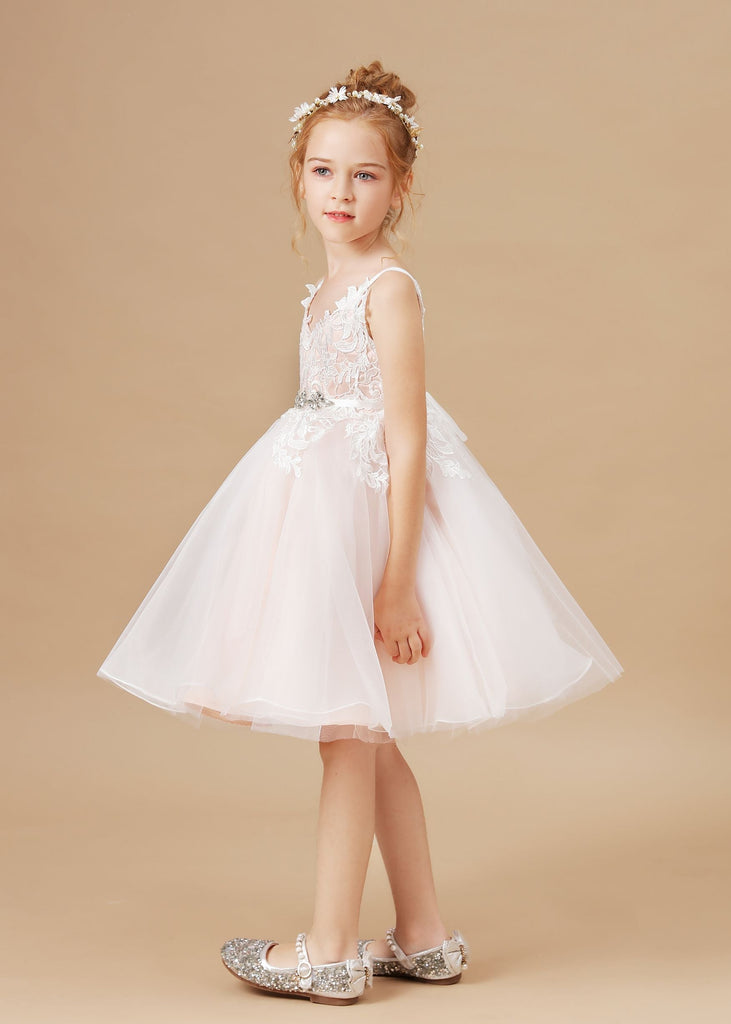 Appliques Halter V-neck Tulle Flower Girl Dress With Sash