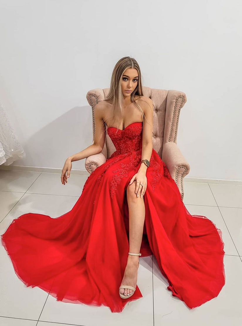 Red Sweetheart Tulle Lace Long Prom Dress Evening Dress