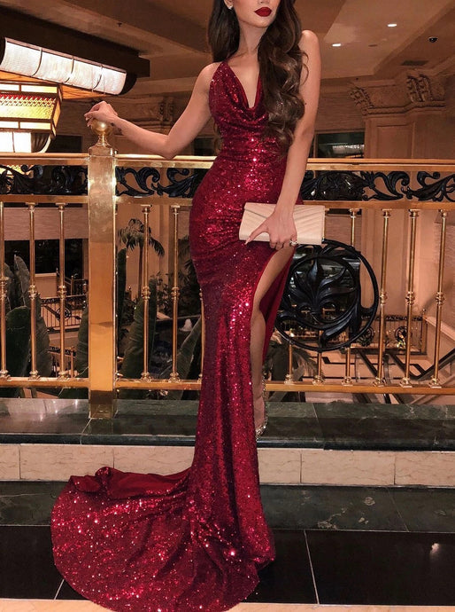Sparkly Mermaid V-Neck Burgundy Prom Dress, Evening Dress With Split OP861