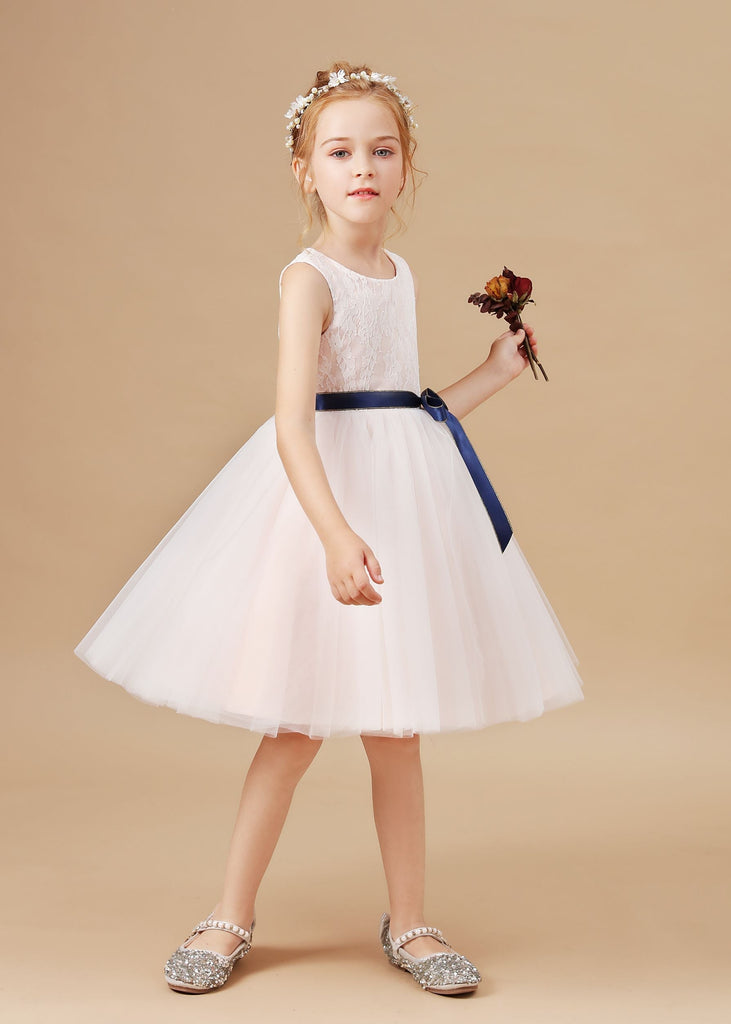 Tulle Satin Lace Flower Girl Dress With Bowknot Satin-Sash