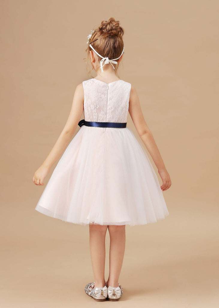 Tulle Satin Lace Flower Girl Dress With Bowknot Satin-Sash