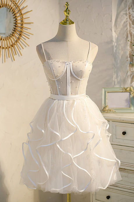 A-Line Spaghetti Straps Birthday Party Dress with Tulle Pearls Homecoming Dress