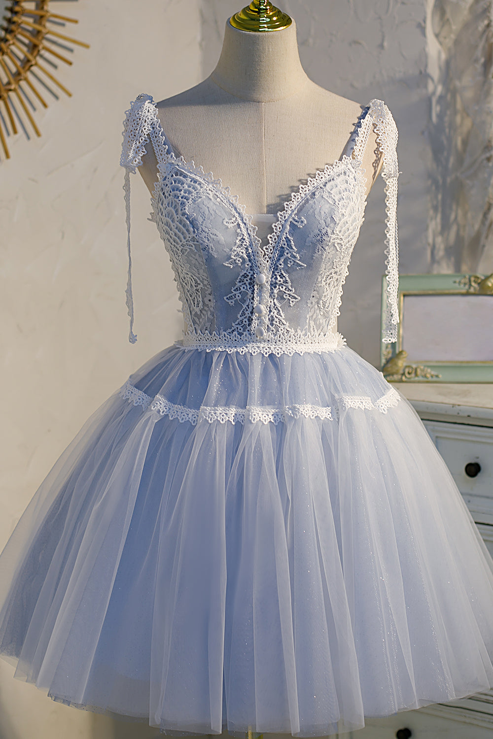 Sky Blue Tulle Spaghetti Straps Birthday Party Prom Dress Short Homecoming Dress