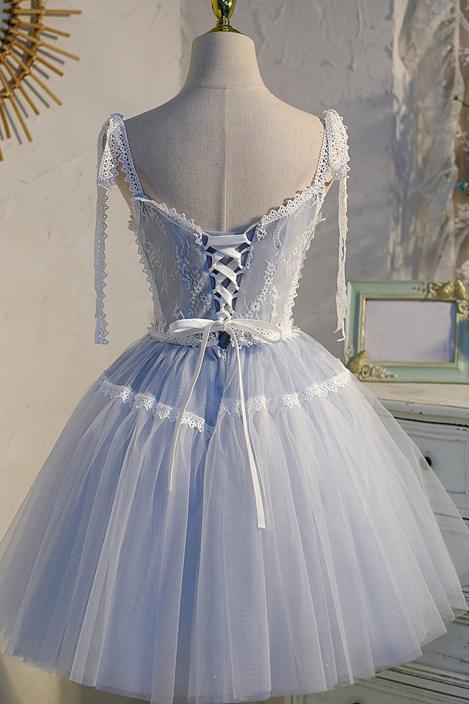 Sky Blue Tulle Spaghetti Straps Birthday Party Prom Dress Short Homecoming Dress