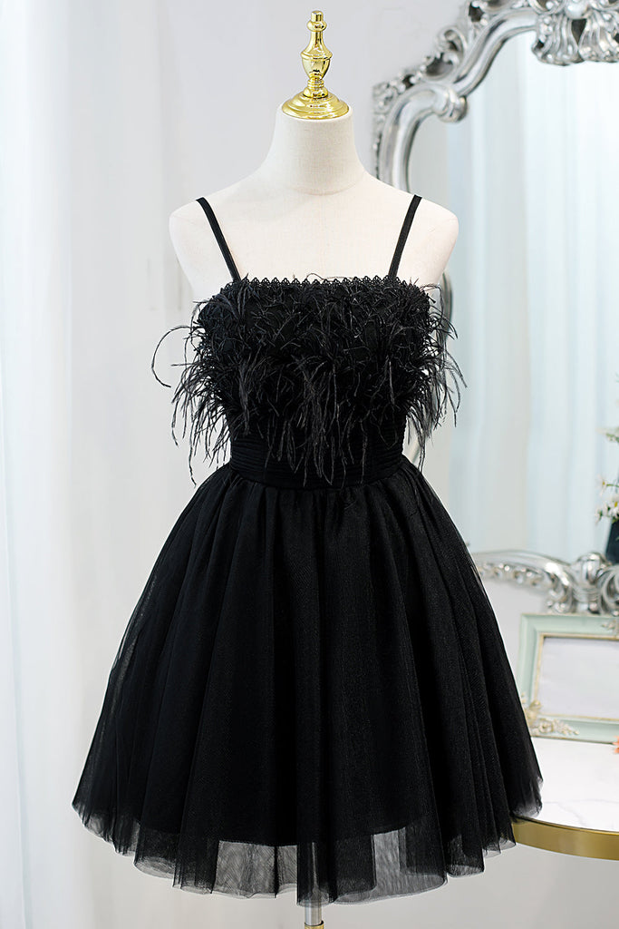 Sweet Spaghetti Straps Little Black Dress Fairy Dress with Tulle Homecoming Dress
