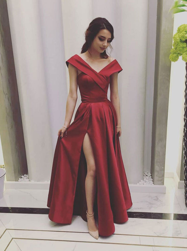 Red Satin Long Prom Dress, Sexy Evening Dress