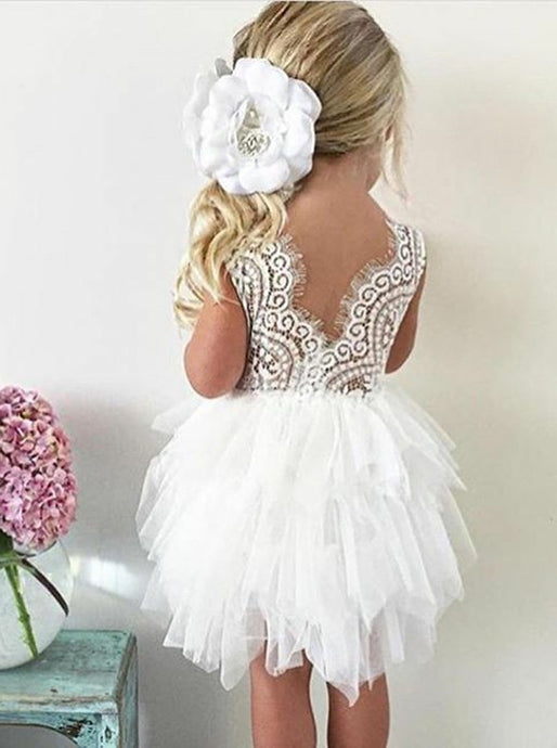 Short Lace Ball Gown Round Neck Tulle Flower Girl Dress OF110