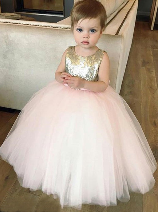 Sequins Gold Tulle Flower Girl Dress Ball Gown Birthday Dress With Bowknot OF115