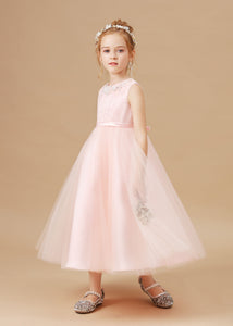 Tulle Crepe Applique Satin Flower Girl dress With Bowknot
