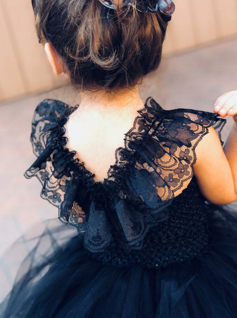 Navy Blue Lace Straps Ball Gown Tulle Flower Girl Dress With Ruffles OF120