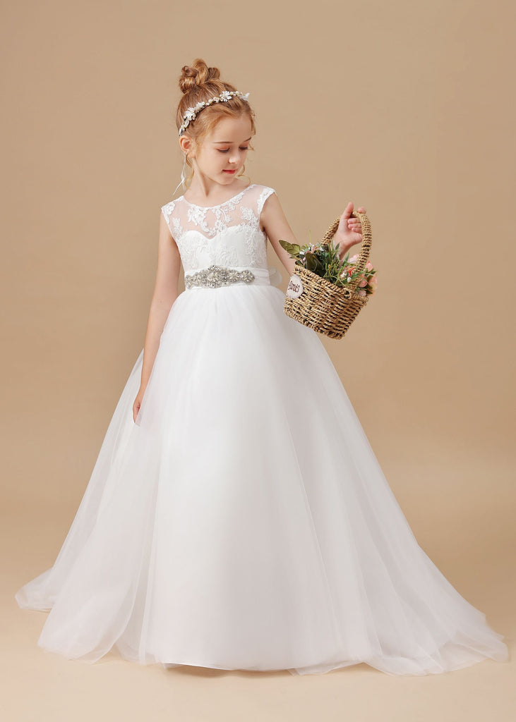 Ivory Rhinestones Sash Bowknot Tulle Flower Girl Dresses
