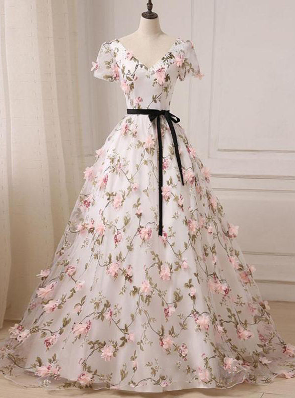 3D Floral Lace Prom Dresses Ball Gown V-neck Long Prom Dress