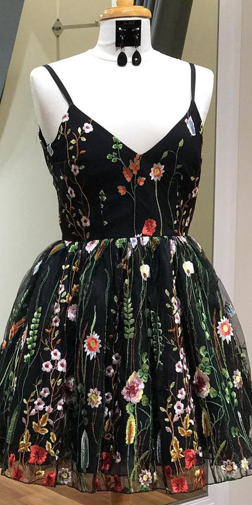 Spaghetti-straps V-neck Black Floral Embroidery Short Homecoming Dress OM364