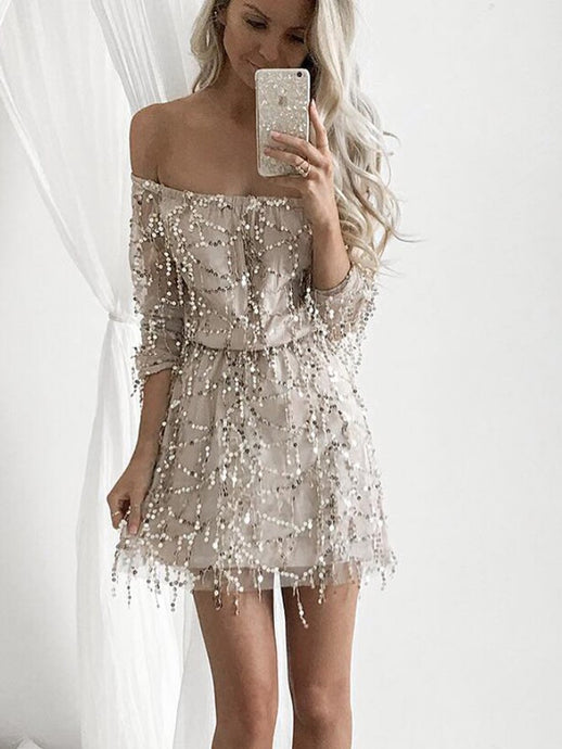 Cheap Off The Shoulder Half Sleeves Sequined Cocktail Party Dress OC100