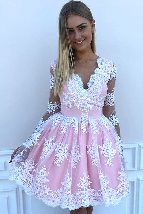 Appliques Long Sleeves Pink Tulle Short Homecoming Dress OM338