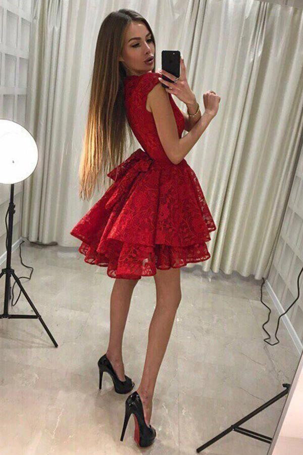 Jewel Lace Pleat Red Homecoming Dress With Tiered Skirt OM177