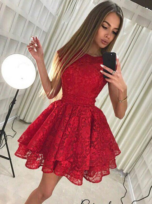 Jewel Lace Pleat Red Homecoming Dress With Tiered Skirt OM177