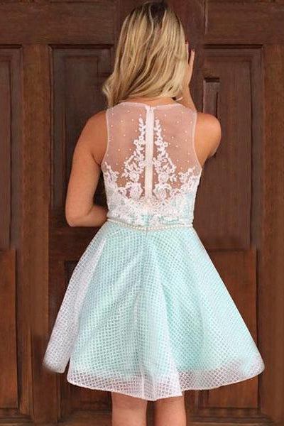 A-Line V-Neck Mint Green Short Homecoming Dress With Appliques Beaded OM421