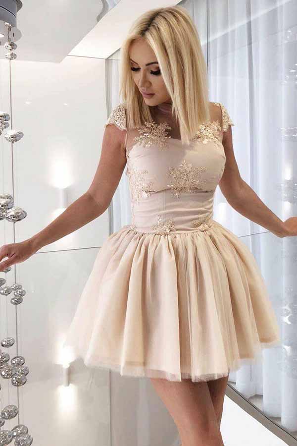 Cute Illusion Neckline Tulle Appliqued Short Homecoming Dress With Pleats OM232