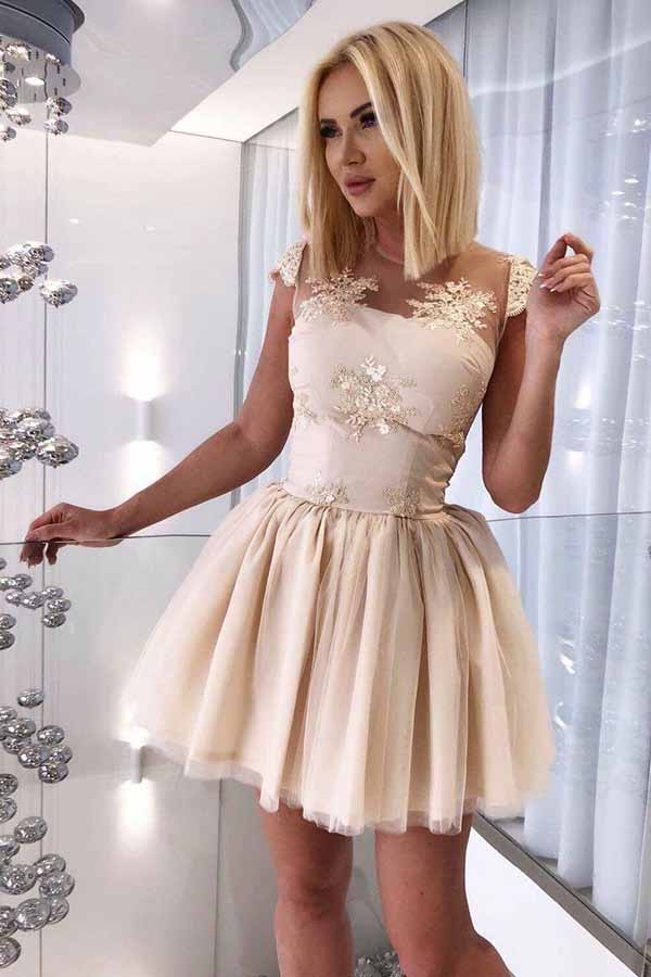 Cute Illusion Neckline Tulle Appliqued Short Homecoming Dress With Pleats OM232