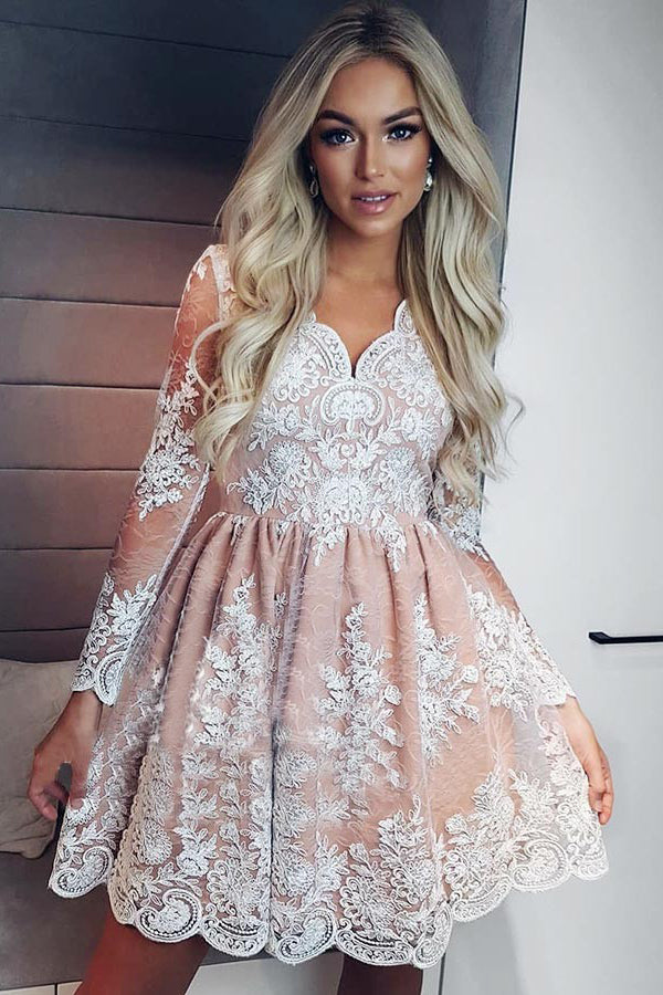 A-line Long Sleeves Short Prom Dress Lace Homecoming Dress OM236