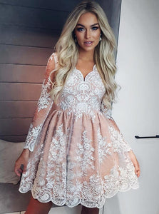 A-line Long Sleeves Short Prom Dress Lace Homecoming Dress OM236