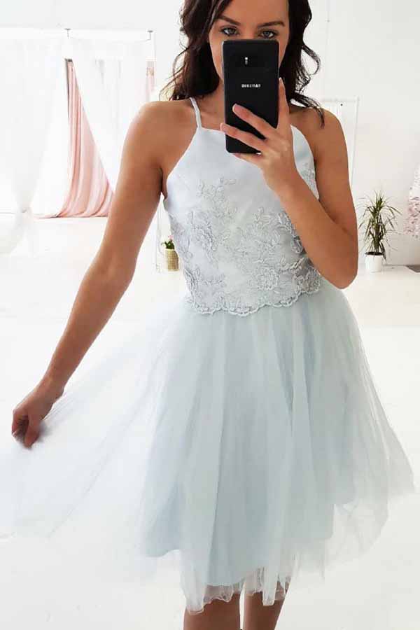 A-line Spaghetti Straps Appliques Homecoming Dress With Tulle Skirt OM237