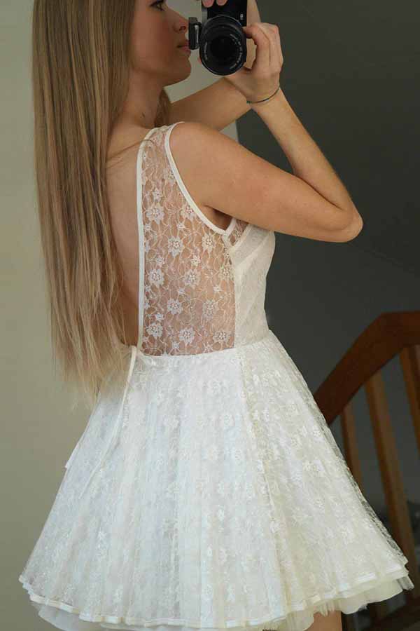 A-line Illusion Bateau V-back Lace Short Prom Dress