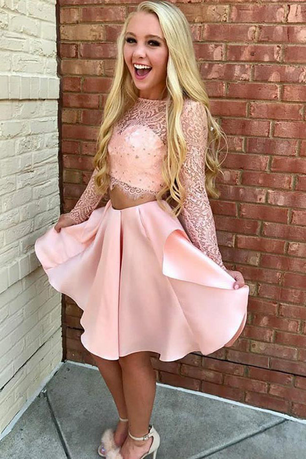 Two Pieces Pink Short Prom Dress Lace Bodice Long Sleeve Homecoming Dress OM242