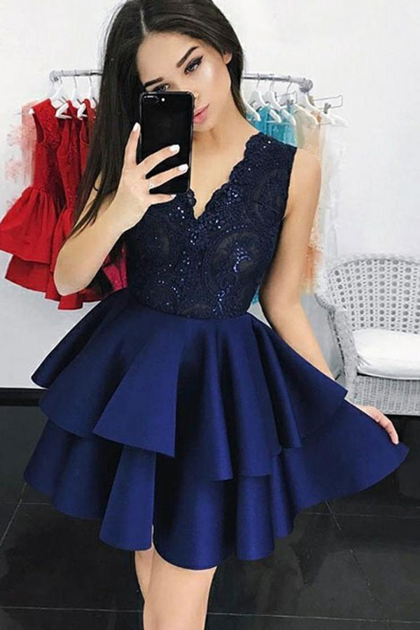 Navy Blue V-neck Sequins Lace Homecoming Dress With Tiered Skirt OM247