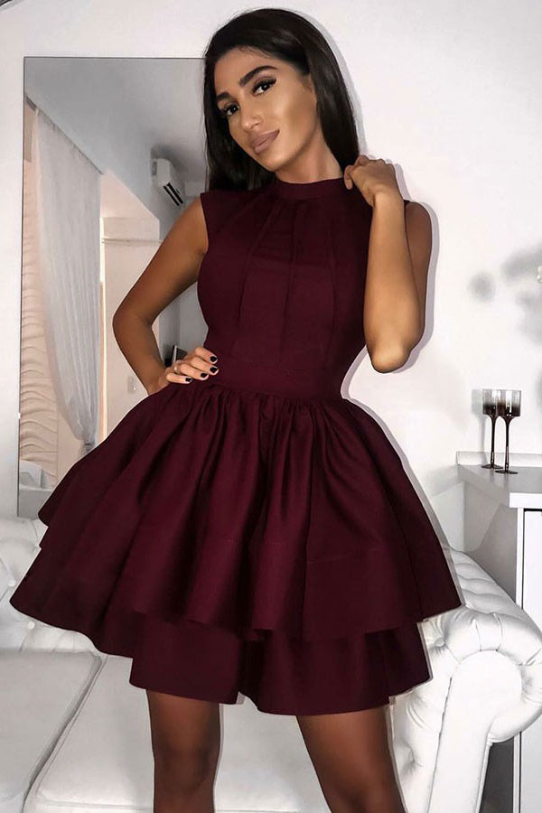 Simple Burgundy High Neck Short Homecoming Dress With Tiered Skirt OM252