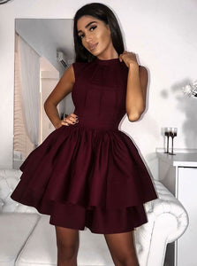 Simple Burgundy High Neck Short Homecoming Dress With Tiered Skirt OM252