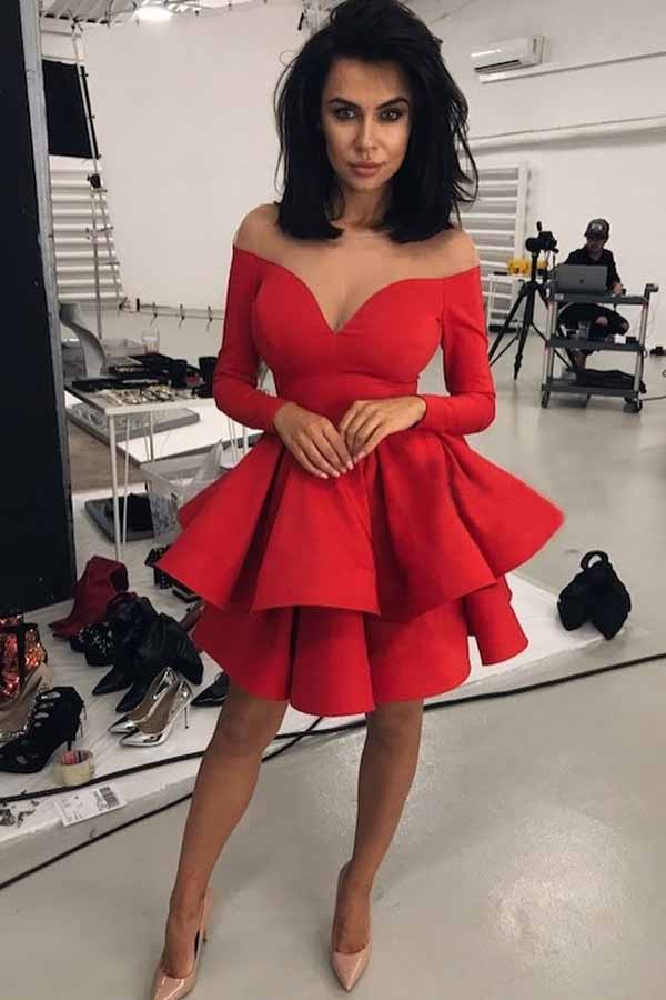 Off the Shoulder V-neck Tiered Red Long Sleeves Satin Short Prom Dress OM255