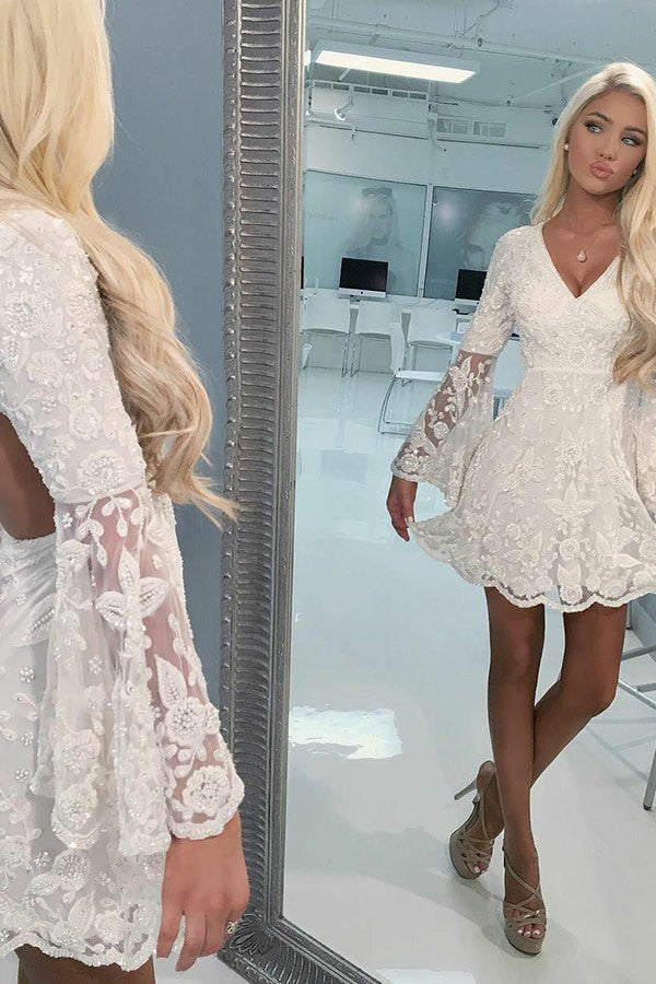 A-line Ivory Lace Beading Short Party Dress With Bell Sleeves OM259