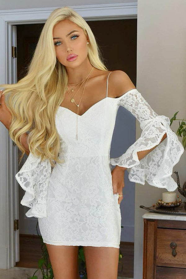 Off-Shoulder White Bodycon Lace Tight Party Dress with Bell Sleeves OM262
