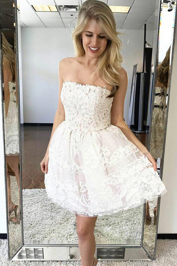 A-line Ivory Strapless Homecoming Dress Lace Short Party Dress OM264