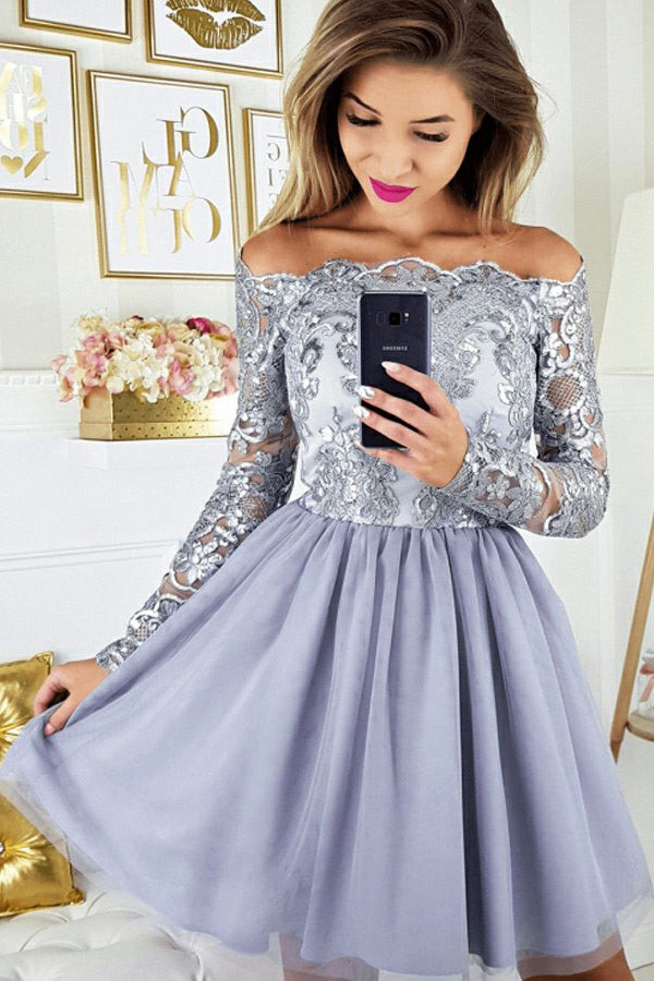 Off-Shoulder Long Sleeves Appliques Lavender Homecoming Dress With Tulle Skirt OM265