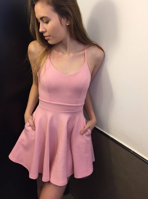 Simple Spaghetti Scoop Pink Homecoming Dress With Pockets OM285