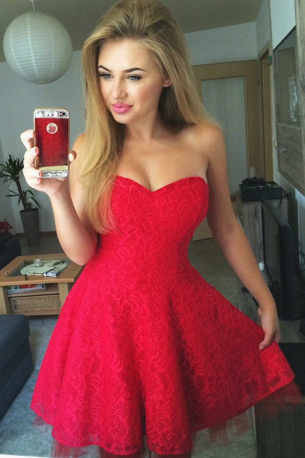 Cute Sweetheart A-line Lace Red Pleats Homecoming Dress OM284