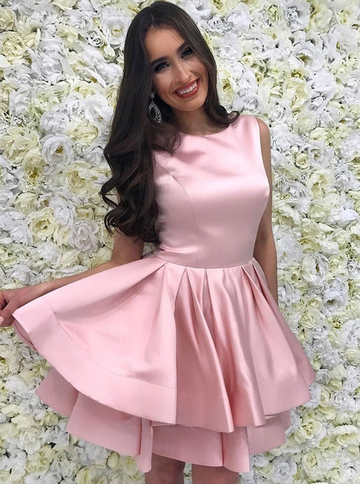 Jewel Pink Short Prom Dress Satin Pleated Tiered Skirt Homecoming Dress OM290