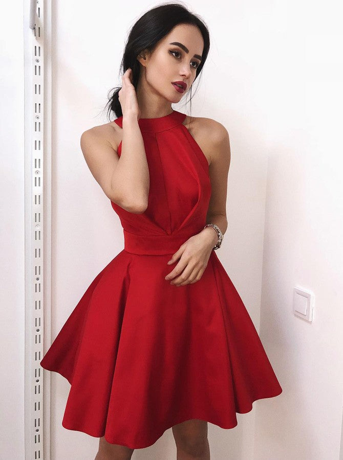 Buy Fit and Flare High Neck Satin Red Short Homecoming Party Dress OM289 Buy Fit and Flare High Neck Satin Red Short Homecoming Party Dress OM289