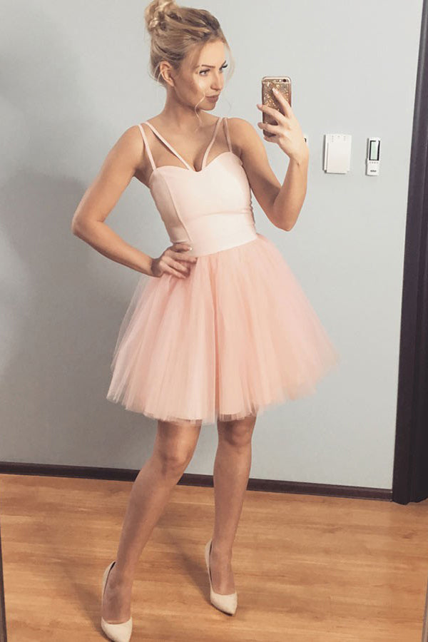 Charming Double Spaghetti Blush Pink Tulle Homecoming Dress OM294