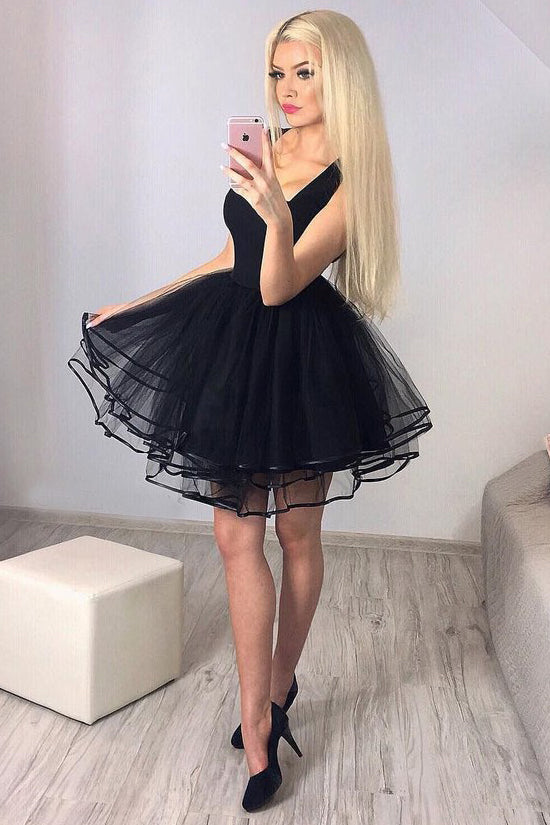 A-line Square Black Short Prom Dress Tulle Pleated Homecoming Dress OM293