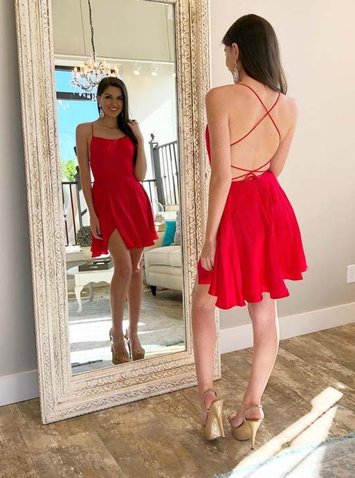 Red Homecoming Dress with Criss-Cross Straps, Backless Short Party Dress OM456