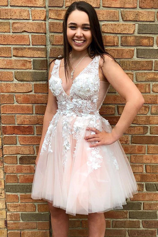 Princess V Neck Pink Short Prom Dress Tulle With Applique Homecoming Dress OM305